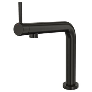 Black BOSJÖN tap with sleek curved design, metallic finish. Top handle, ensuring easy reach and control. Modern minimalistic style.