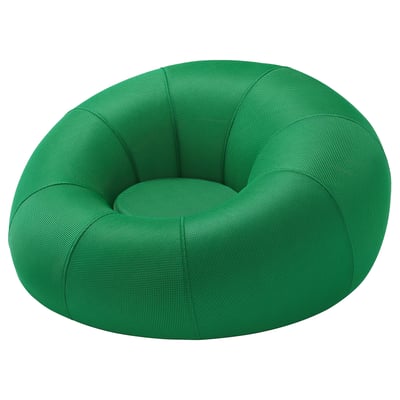 Bright green inflatable round chair, designed for comfort with mesh fabric, ideal for lounging or gaming, inflatable and easy to store.