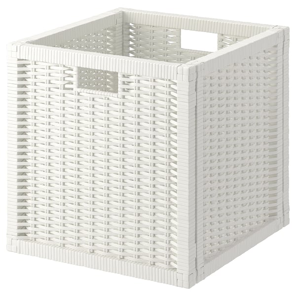 White BRANÄS wicker basket, square shape, handwoven design, fits kallax shelves, sturdy with handles.