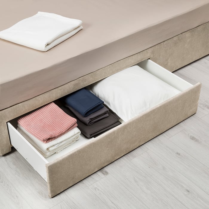 BRANDASUND Divan bed with 2 drawers, Tallmyra beige, Standard King