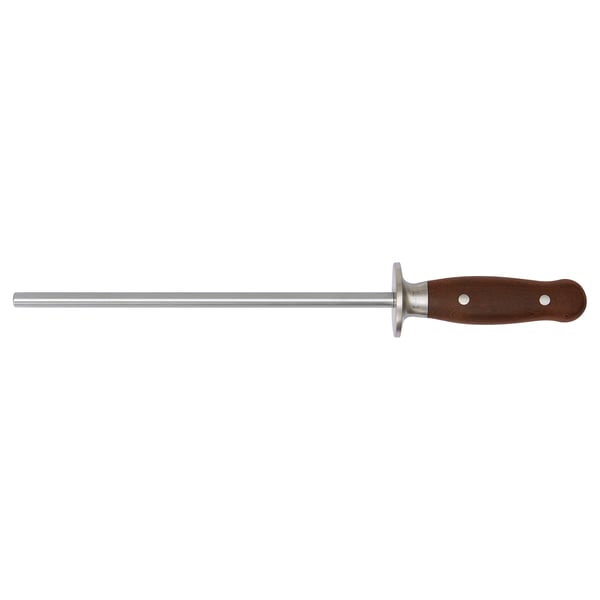 BRILJERA knife sharpener: long silver rod, round wooden handle, stainless steel accents, essential kitchen tool.