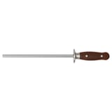 BRILJERA knife sharpener: long silver rod, round wooden handle, stainless steel accents, essential kitchen tool.