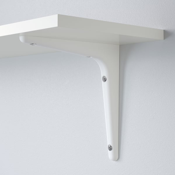 Sleek white wall-mounted shelf with sturdy support bracket; modern, minimalist design.