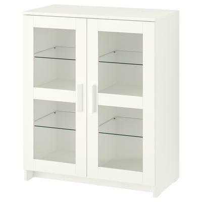 A white BRIMNES cabinet with glass doors on all sides, featuring adjustable shelves inside.