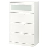 White BRIMNES chest of drawers with frosted glass top drawer. Sleek, rectangular design with four drawers and smooth-running mechanism.