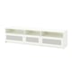 A white BRIMNES tv bench with glass doors and open shelves, ideal for organising tv accessories.
