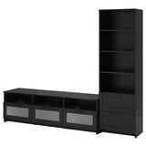 Black BRIMNES tv unit: wide console, 3 drawers, glass fronts; tall bookcase, 4 shelves for organized media storage.