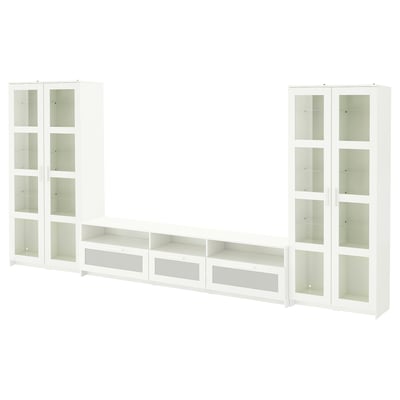 Two white BRIMNES storage units with glass doors and a long tv bench, perfect for living rooms.