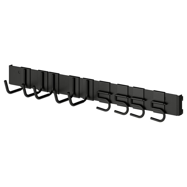 Black metal storage rail with multiple hooks for organizing tools or sports equipment in a garage or storage room.