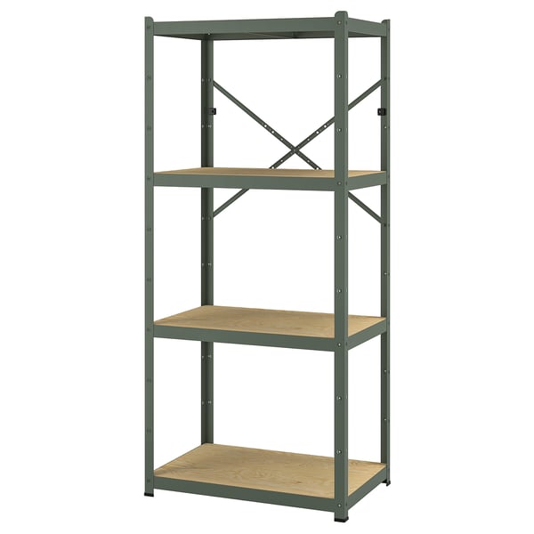 BROR shelf: green metal frame, 3 wooden shelves, sturdy, heavy-duty storage.