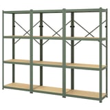 A BROR green metal shelving unit with four wooden shelves for versatile storage.