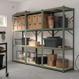 A green BROR storage system with adjustable shelves holding various items.