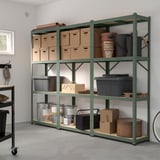 BROR green metal storage shelves. Holds 95kg, sturdy, tall, holds boxes, pots, tools.