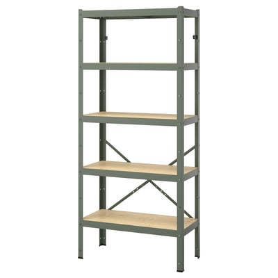BROR Shelving unit, with 5 shelves grey-green/pine plywood, 85x40x190 cm