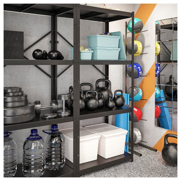 Gym storage shelves - BROR - black metal - three tiers, holding weights, bottles, and containers - designed for heavy loads.