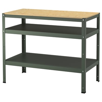 BROR work bench. Green metal base with wooden shelves; sturdy, versatile.