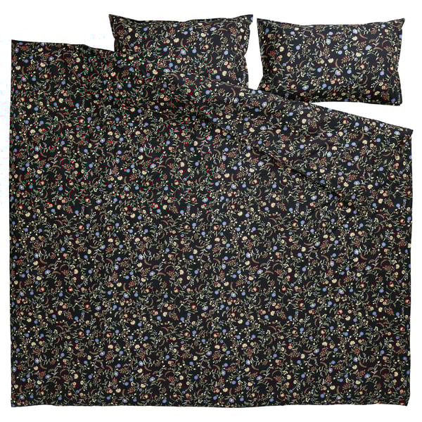 BRUDKRUSBÄR black floral bed set, organic cotton, rectangular, floral print.