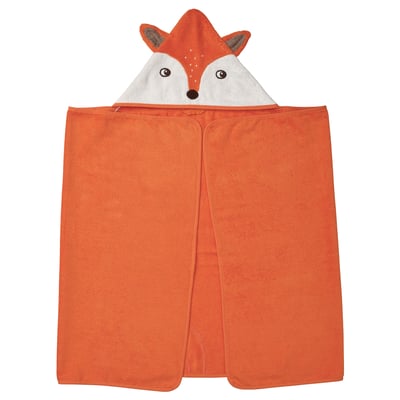 The BRUMMIG fox-shaped orange baby towel, made of soft cotton, with hood and loop.