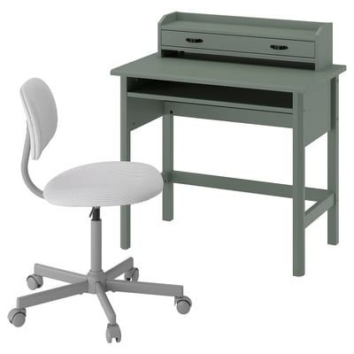 BRYTNING green desk with chair. Desk has drawers, shelves, plastic and wood. Chair swivels, grey with mesh back.
