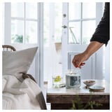 A person opens a BUKETTAPEL green scented candle in a cozy room with a bed and window.