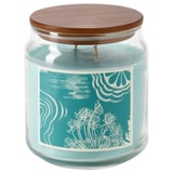 BUKETTAPEL candle: round blue jar, wooden lid, floral label design, glass & pine.