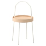 BURVIK side table, white, wooden top, round, three legs, arched handle.