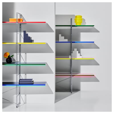 BYAKORRE metal shelving unit, colorfully modern: red, blue, yellow, green, and clear glass shelves supported by chrome metal frame, adjustable design.