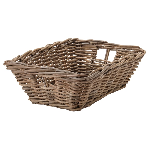 BYHOLMA woven rattan basket, natural brown, rectangular with handles, home decor storage.