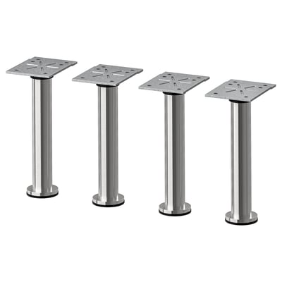 Four stainless steel table legs with adjustable mounts and square plates in silver.