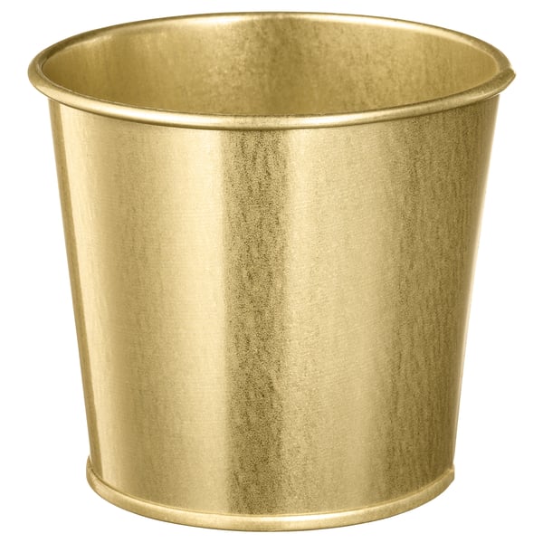 Brass-colored cylindrical metal planter, stylish and durable, perfect for displaying indoor plants.