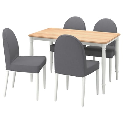 A DANDERYD 4-seat dining set with a natural oak table top and white steel legs, plus grey upholstered chairs.