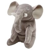 DJUNGELSKOG grey elephant toy, soft plush, round shape, large ears, friendly design.