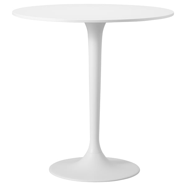 Depicts a sleek white DOCKSTA table with a circular top and a single central pedestal base.
