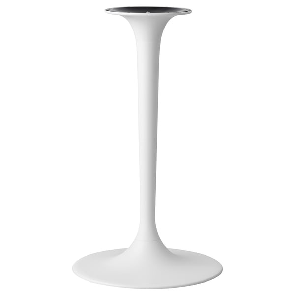 White modern lamp with tall sleek base and wide circular shade.