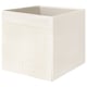 A white DRÖNA storage box, rectangular, made of recycled polyester fabric, perfect for kallax shelving.