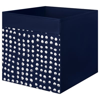 Cube-shaped navy blue storage box with white polka-dot pattern, made from recycled polyester.