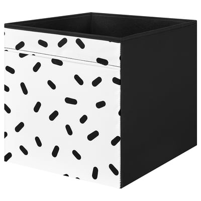Black & white spotted DRÖNA storage box, rectangular, for kallax shelving, made from recycled polyester.