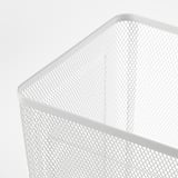 Close-up of a white mesh wastebasket. Sturdy metal construction and smooth, rounded edges.