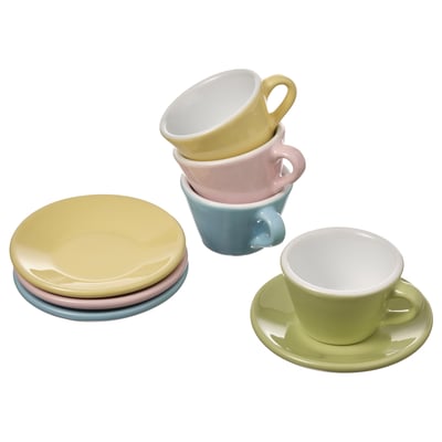 Colorful kids ceramic tea set, including cups and saucers, stackable, pastel colors, stoneware material, round shape, simple design.