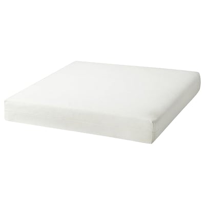 A white DUVHOLMEN cushion with a rectangular shape, made from polyester and polyurethane foam for comfort.