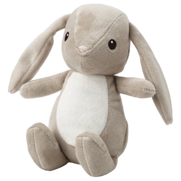 Soft grey stuffed bunny toy, made from recycled polyester. Sit-up design, long ears, black button eyes. Cuddly and safe for babies.