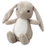Soft grey stuffed bunny toy, made from recycled polyester. Sit-up design, long ears, black button eyes. Cuddly and safe for babies.