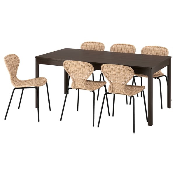 Image description: EKEDALEN set featuring a dark brown extendable table and four beige woven chairs.