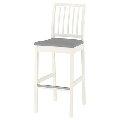 A white EKEDALEN bar stool with a grey upholstery seat, featuring a vertical backrest design, sturdy wood frame, and footrest.