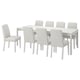 EKEDALEN: white extendable dining table, six matching chairs. Modern design with clean lines. Light grey upholstery.