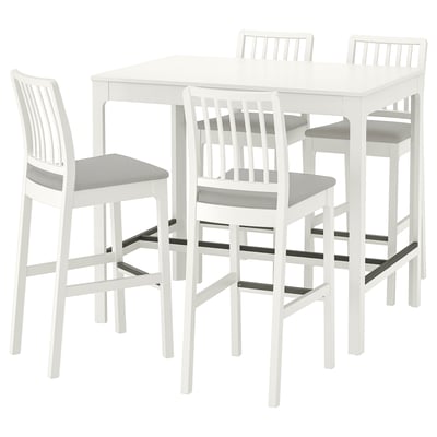 White square counter dining set with four stools, sleek lines, cushioned seats.