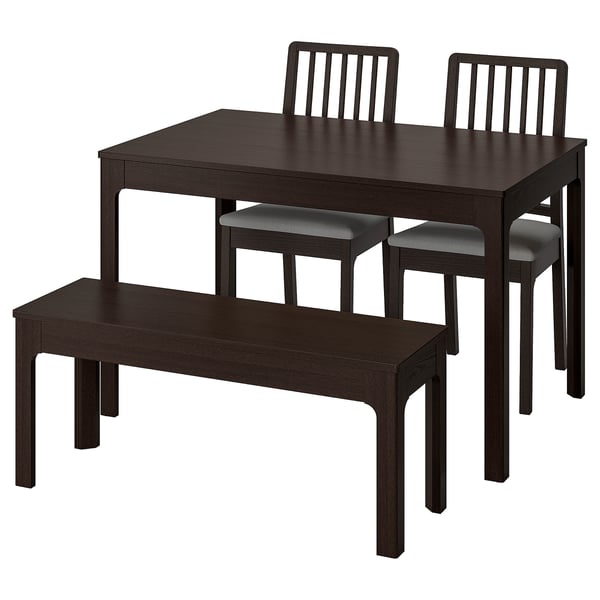 EKEDALEN: dark wood square dining set with extendable table, 2 chairs, and bench.