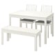 A white IKEA EKEDALEN dining set including an extendable table, two benches, and two chairs.