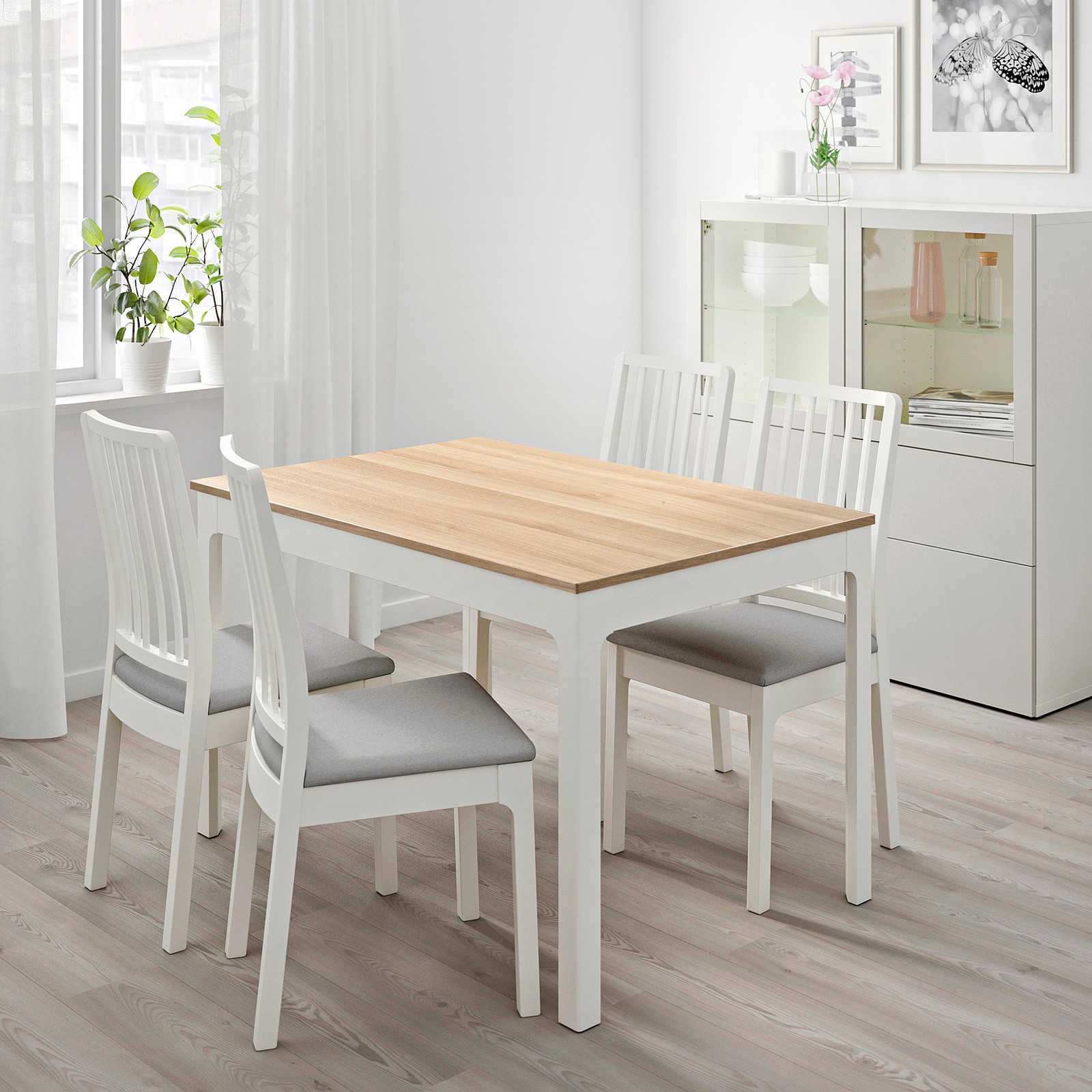 EKEDALEN Extendable table, oak veneer, white stained, Min. 120 cm