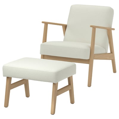 EKENÄSET set: white armchair & ottoman, light wood frame, retro scandinavian design.
